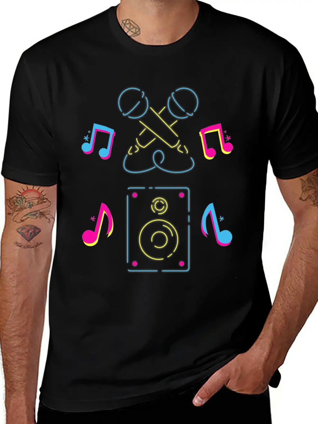 Hand Drawn Microphone Musical Notes Neon Blue Relaxed Everyday Tee – Lightweight And Durable Cotton