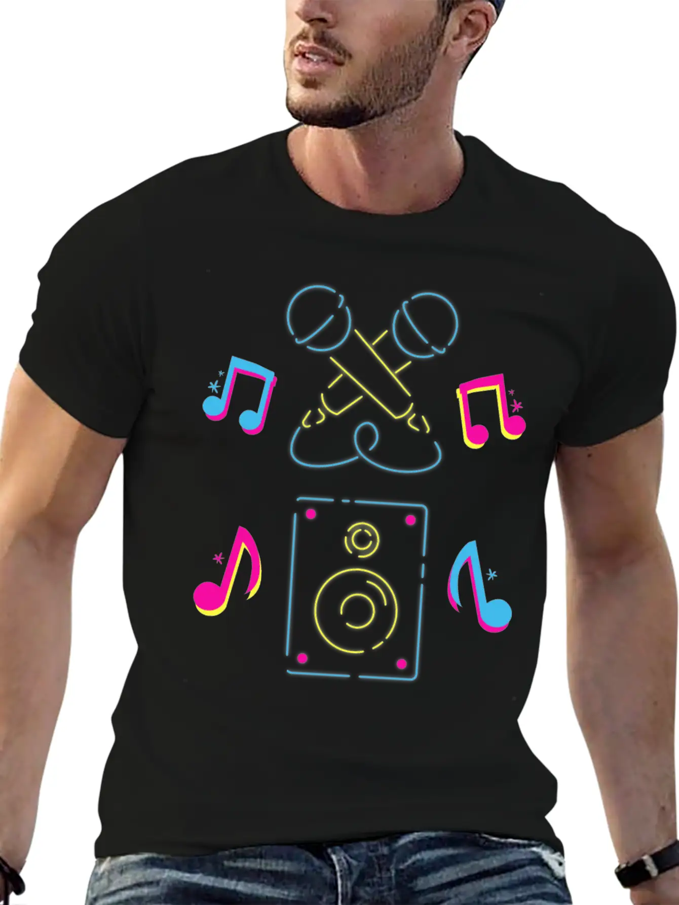 Hand Drawn Microphone Musical Notes Neon Blue Relaxed Everyday Tee – Lightweight And Durable Cotton