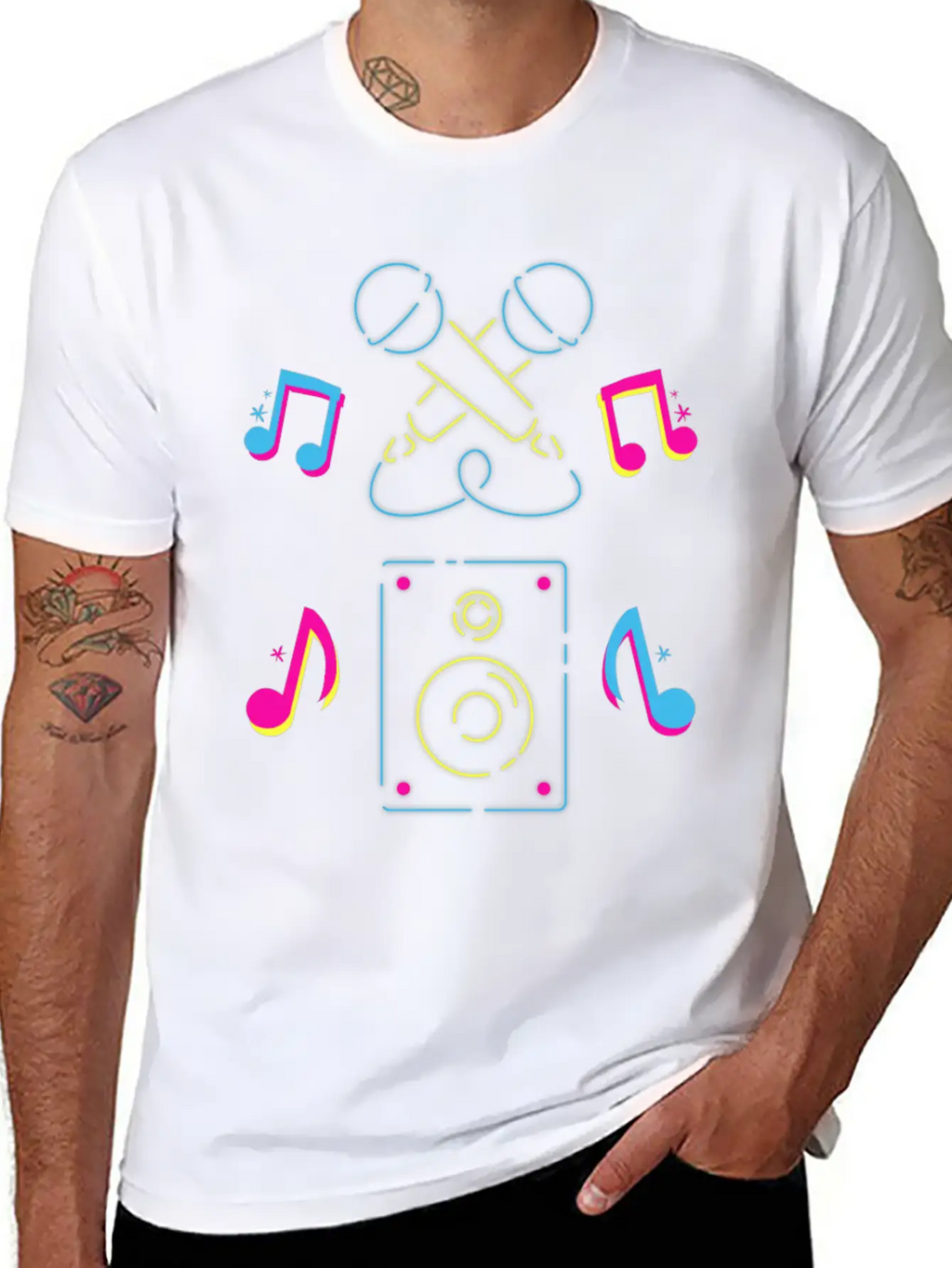 Hand Drawn Microphone Musical Notes Neon Blue Relaxed Everyday Tee – Lightweight And Durable Cotton