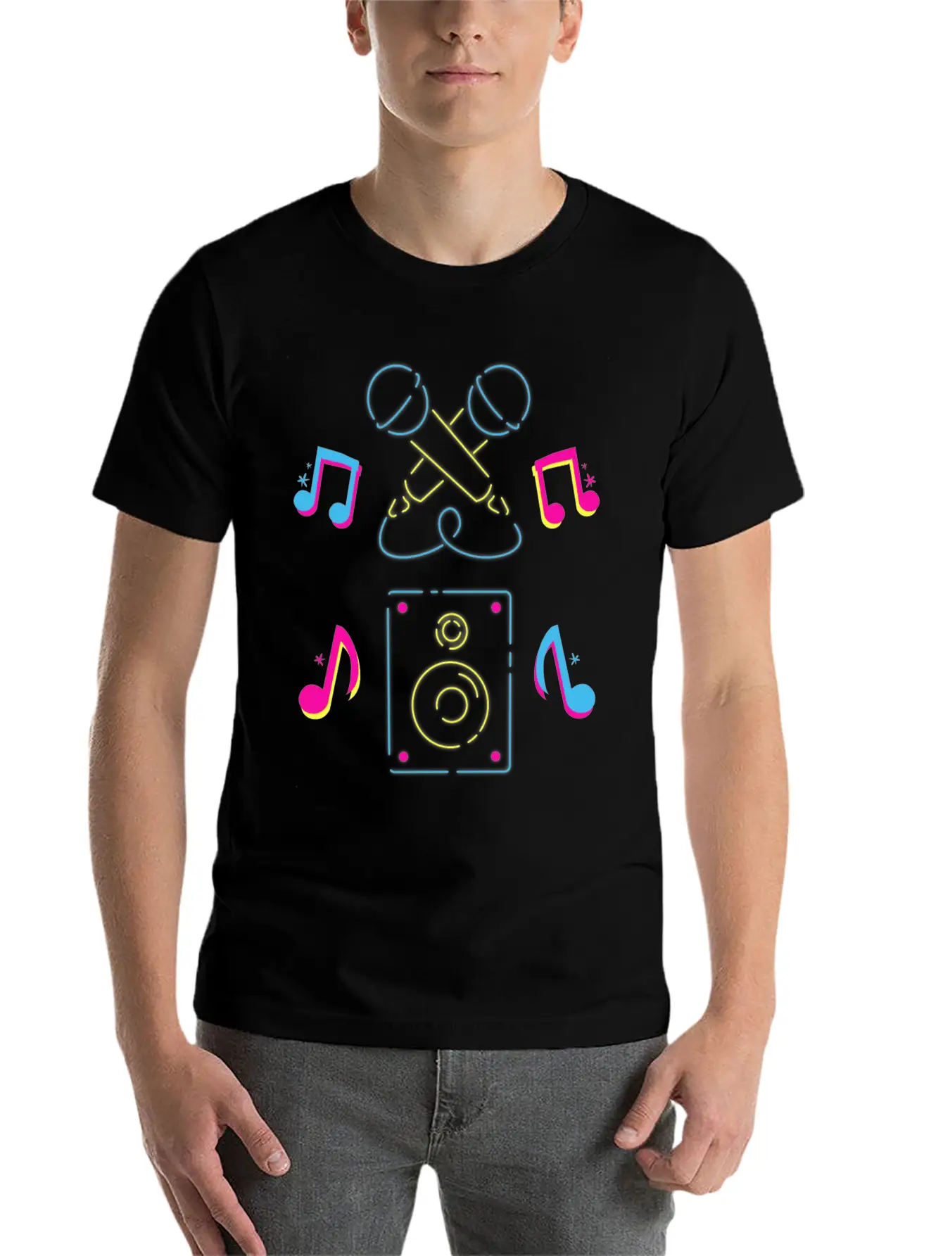 Hand Drawn Microphone Musical Notes Neon Blue Relaxed Everyday Tee – Lightweight And Durable Cotton