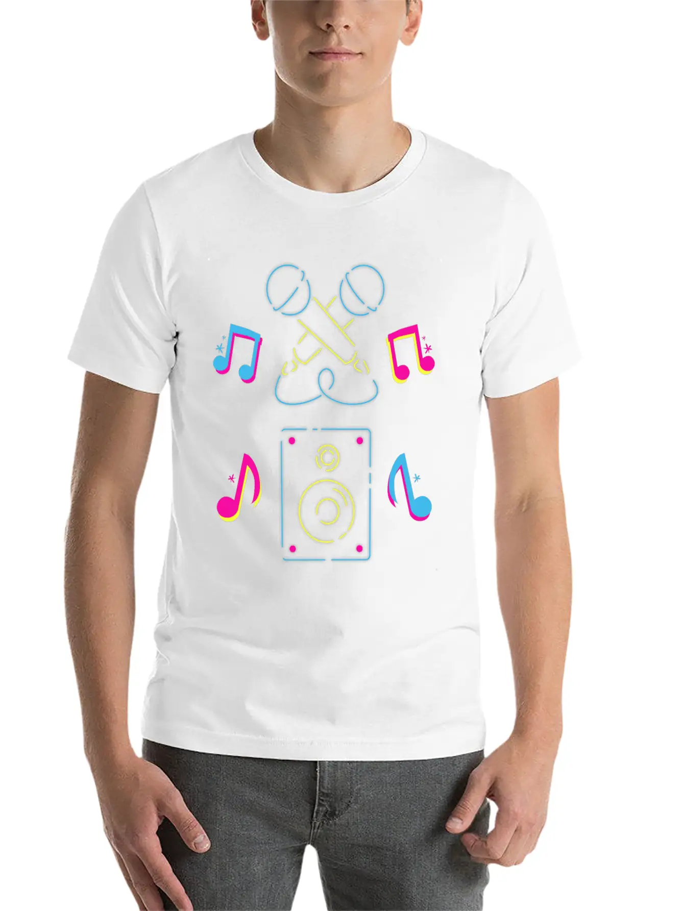 Hand Drawn Microphone Musical Notes Neon Blue Relaxed Everyday Tee – Lightweight And Durable Cotton