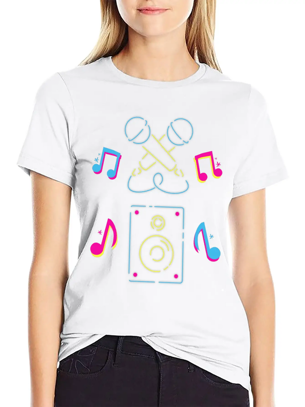 Hand Drawn Microphone Musical Notes Neon Blue Relaxed Everyday Tee – Lightweight And Durable Cotton