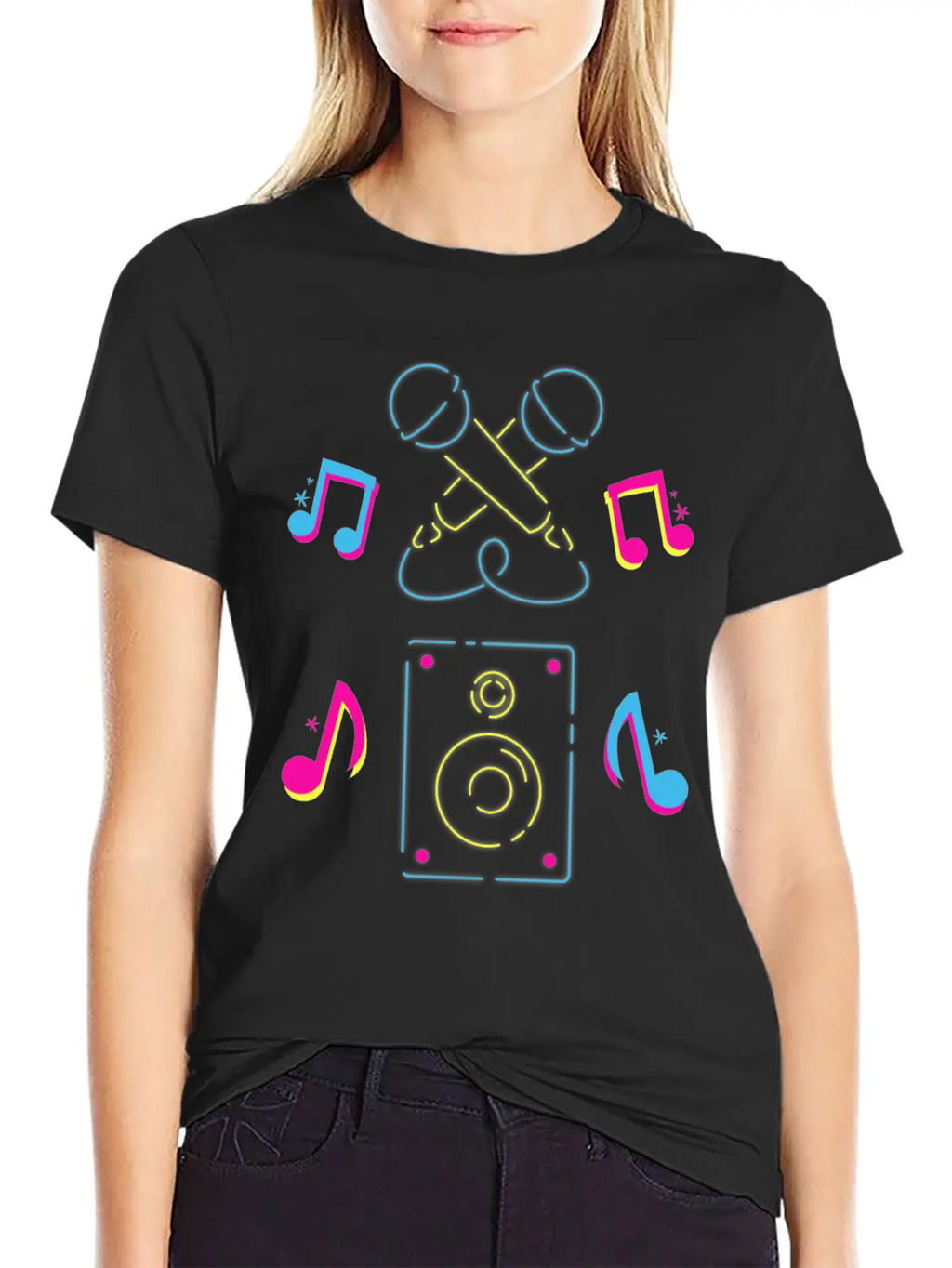 Hand Drawn Microphone Musical Notes Neon Blue Relaxed Everyday Tee – Lightweight And Durable Cotton