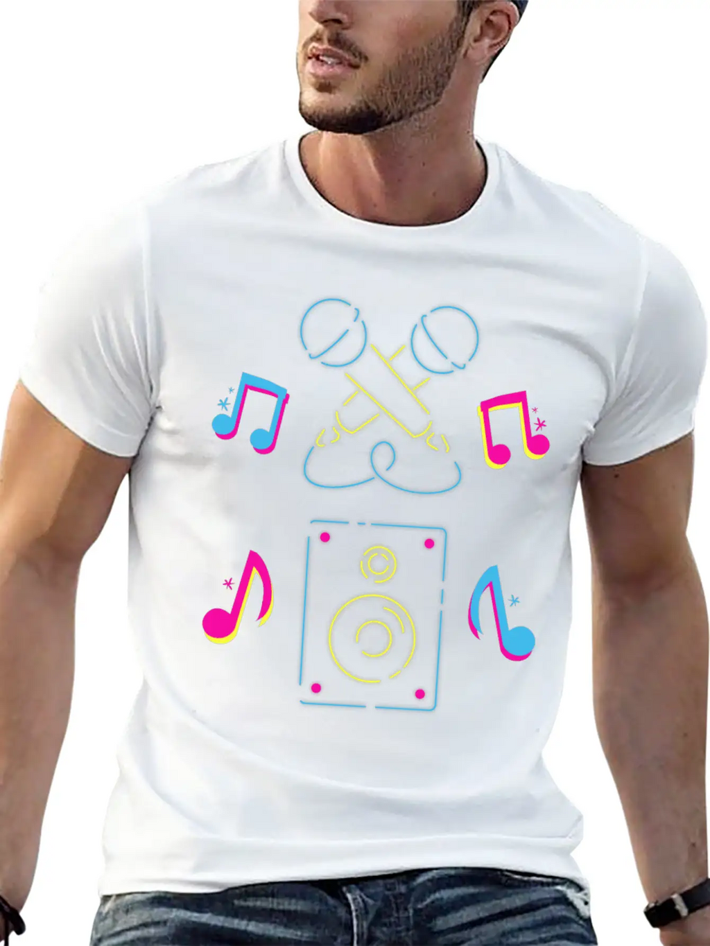 Hand Drawn Microphone Musical Notes Neon Blue Relaxed Everyday Tee – Lightweight And Durable Cotton