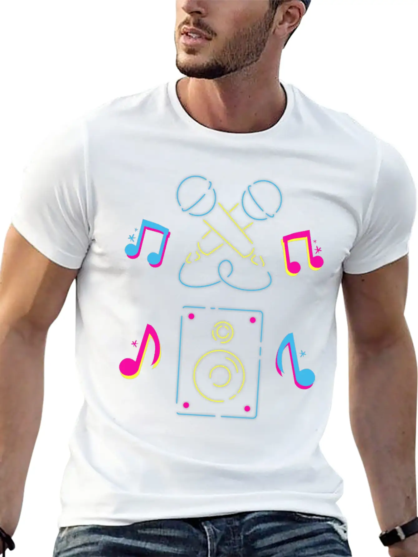 Hand Drawn Microphone Musical Notes Neon Blue Relaxed Everyday Tee – Lightweight And Durable Cotton