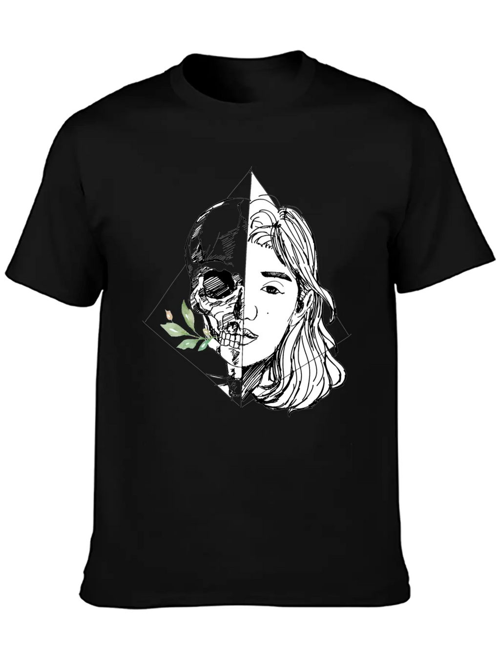 Hand Drawn Woman With Skull And Flowers, Vintage Unisex Casual T-Shirt – Clean Design For Daily Comfort