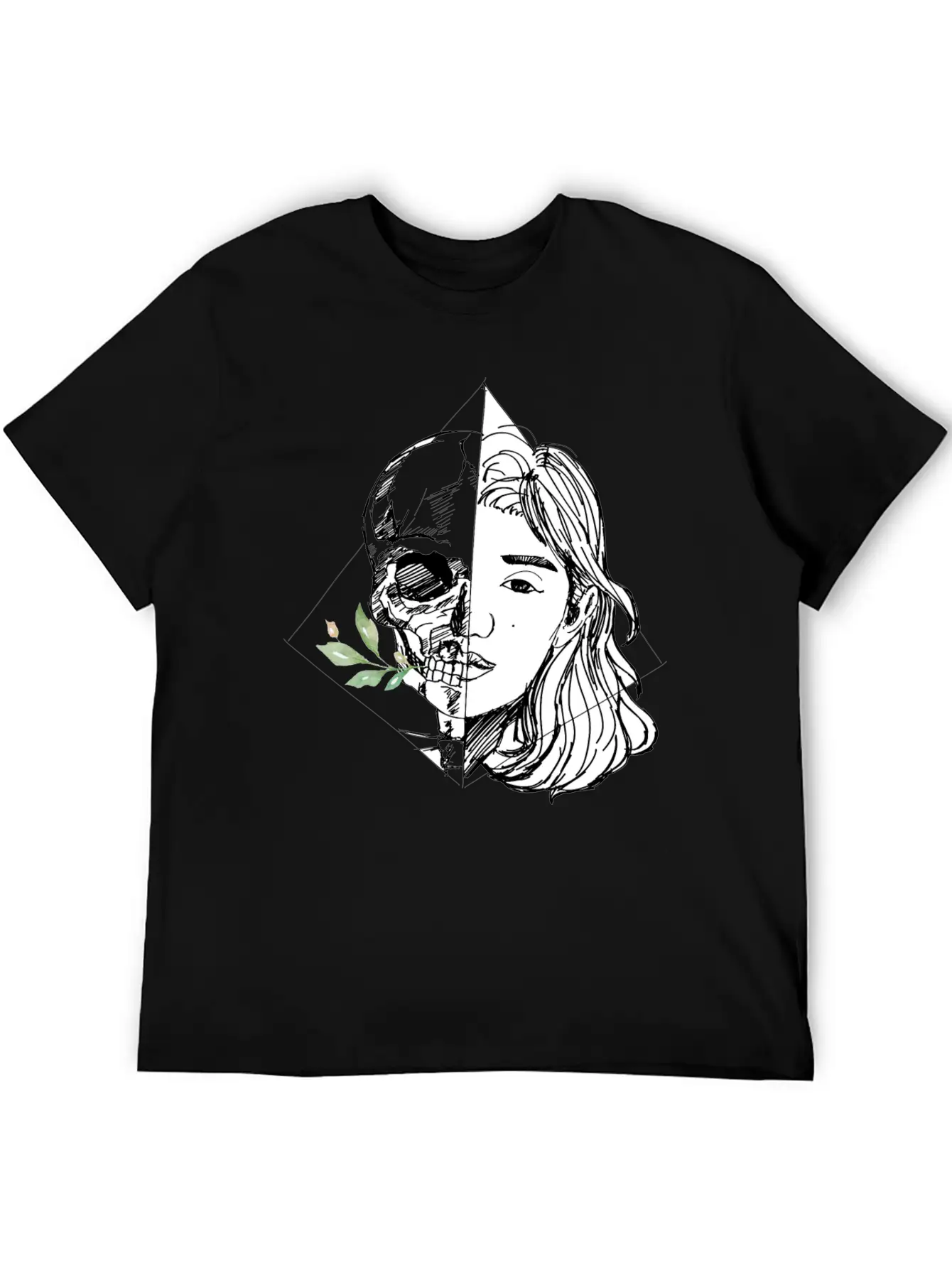 Hand Drawn Woman With Skull And Flowers, Vintage Unisex Casual T-Shirt – Clean Design For Daily Comfort
