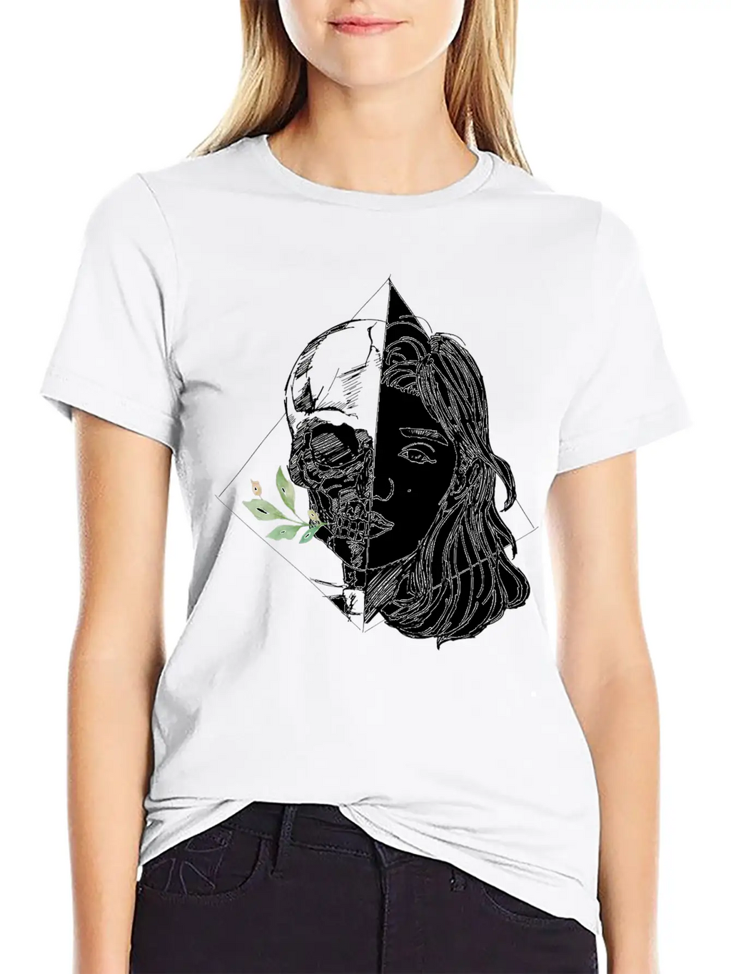 Hand Drawn Woman With Skull And Flowers, Vintage Unisex Casual T-Shirt – Clean Design For Daily Comfort