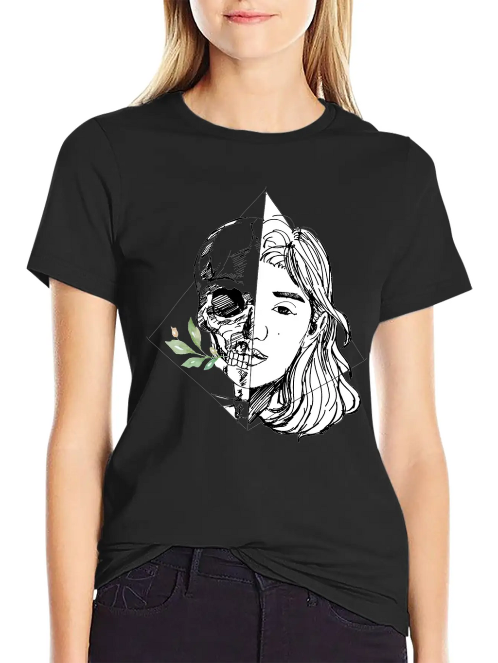 Hand Drawn Woman With Skull And Flowers, Vintage Unisex Casual T-Shirt – Clean Design For Daily Comfort