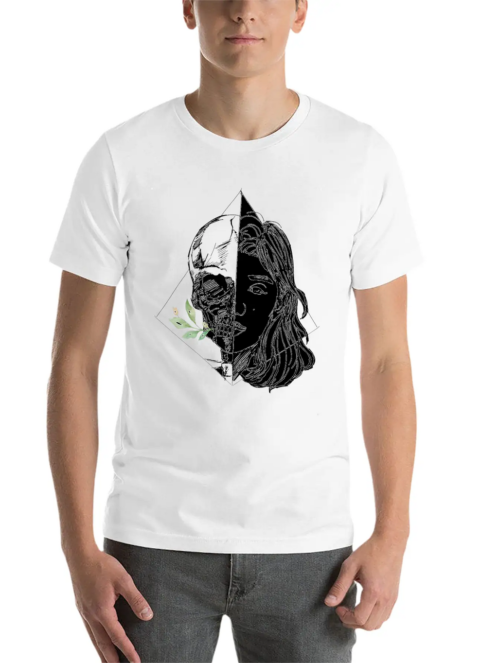 Hand Drawn Woman With Skull And Flowers, Vintage Unisex Casual T-Shirt – Clean Design For Daily Comfort