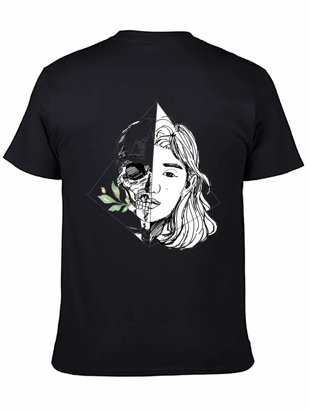 Hand Drawn Woman With Skull And Flowers, Vintage Unisex Casual T-Shirt – Clean Design For Daily Comfort