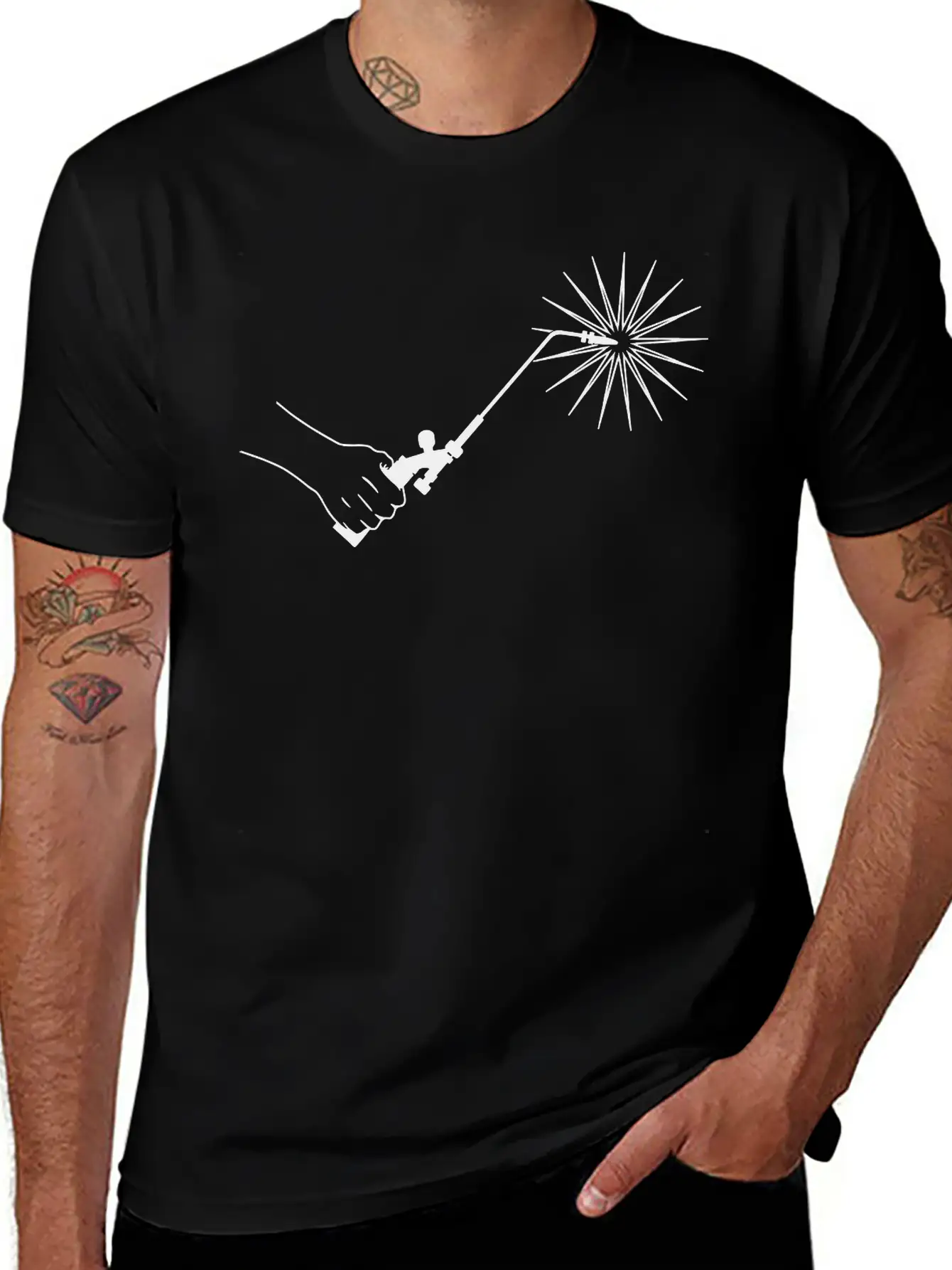 Hand With Welding Machine And Fire Spark Basic Graphic T-Shirt – Daily Comfort In Soft Cotton