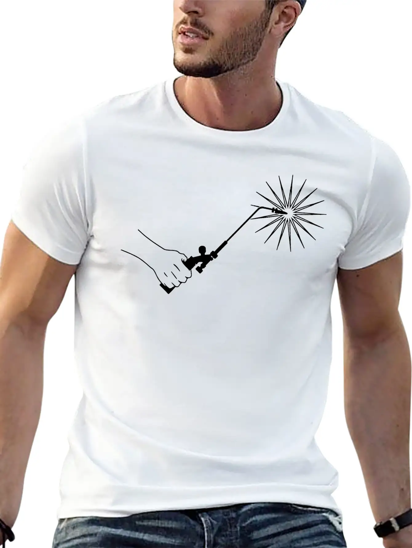 Hand With Welding Machine And Fire Spark Basic Graphic T-Shirt – Daily Comfort In Soft Cotton