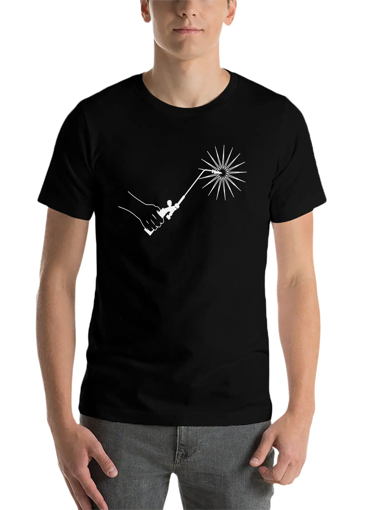 Hand With Welding Machine And Fire Spark Basic Graphic T-Shirt – Daily Comfort In Soft Cotton