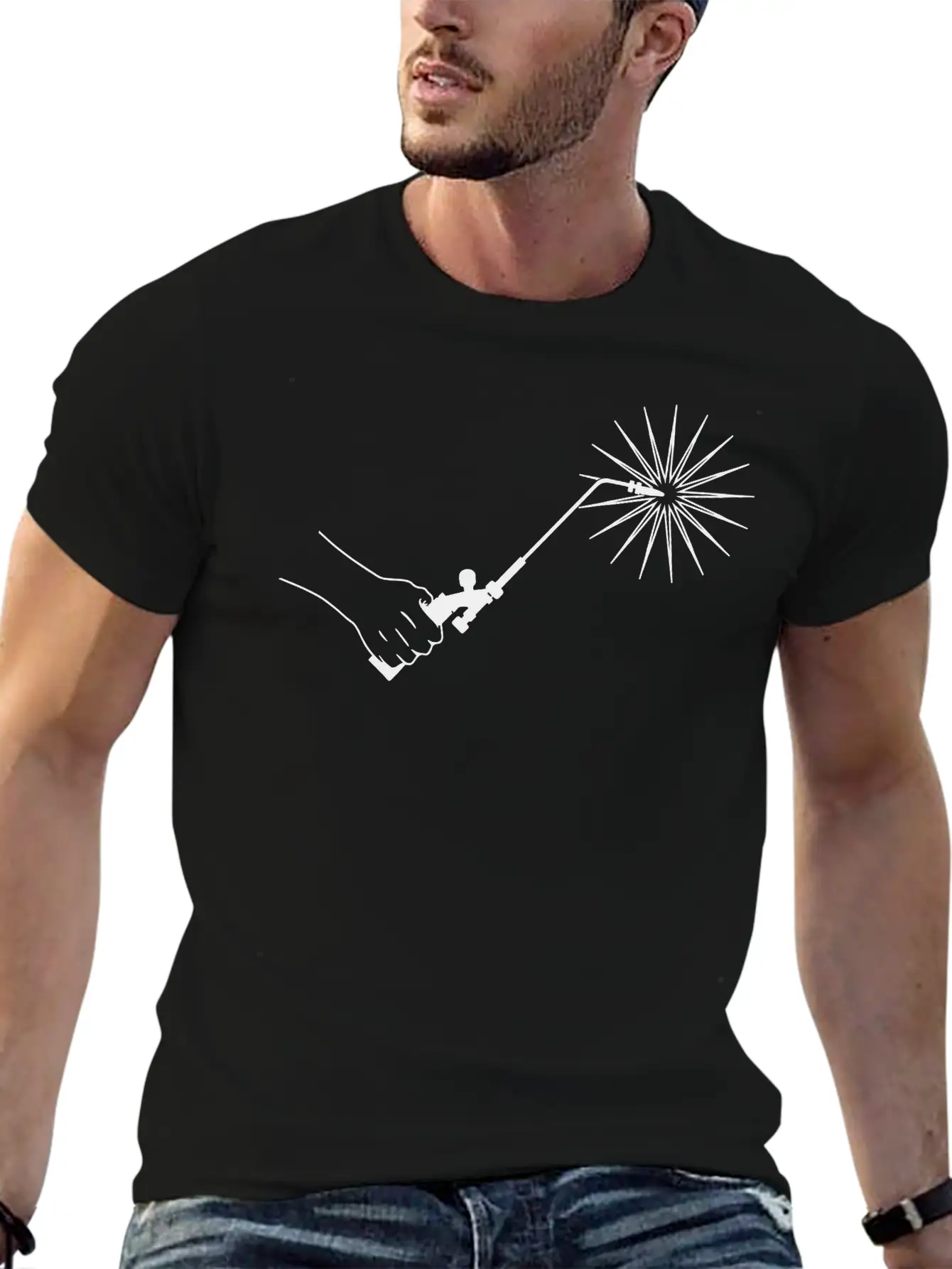 Hand With Welding Machine And Fire Spark Basic Graphic T-Shirt – Daily Comfort In Soft Cotton