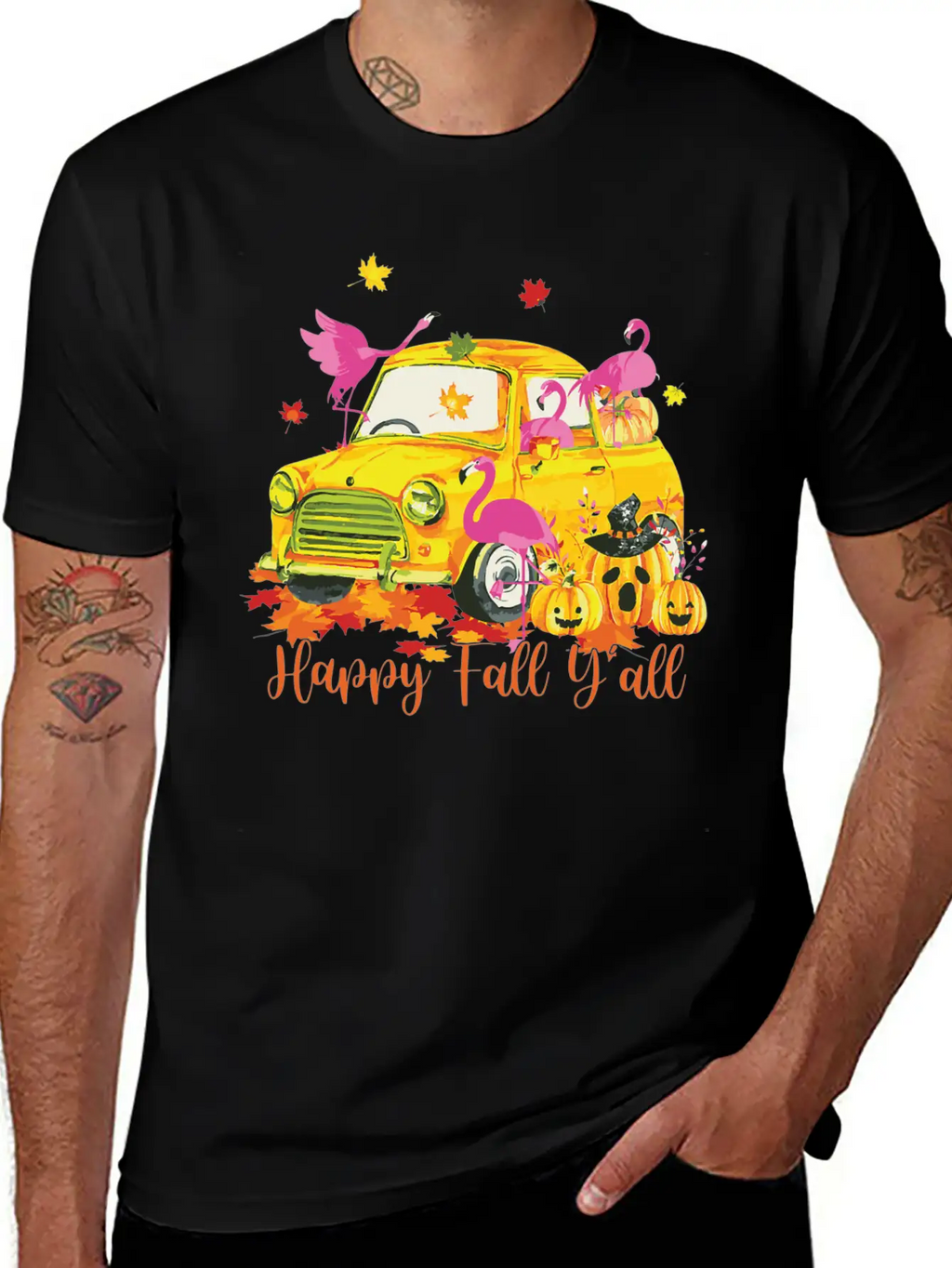 Happy Fall Yall Flamingo Truck Pumpkin Autumn Essential Cotton Tee For Daily Outfits – Unisex Style