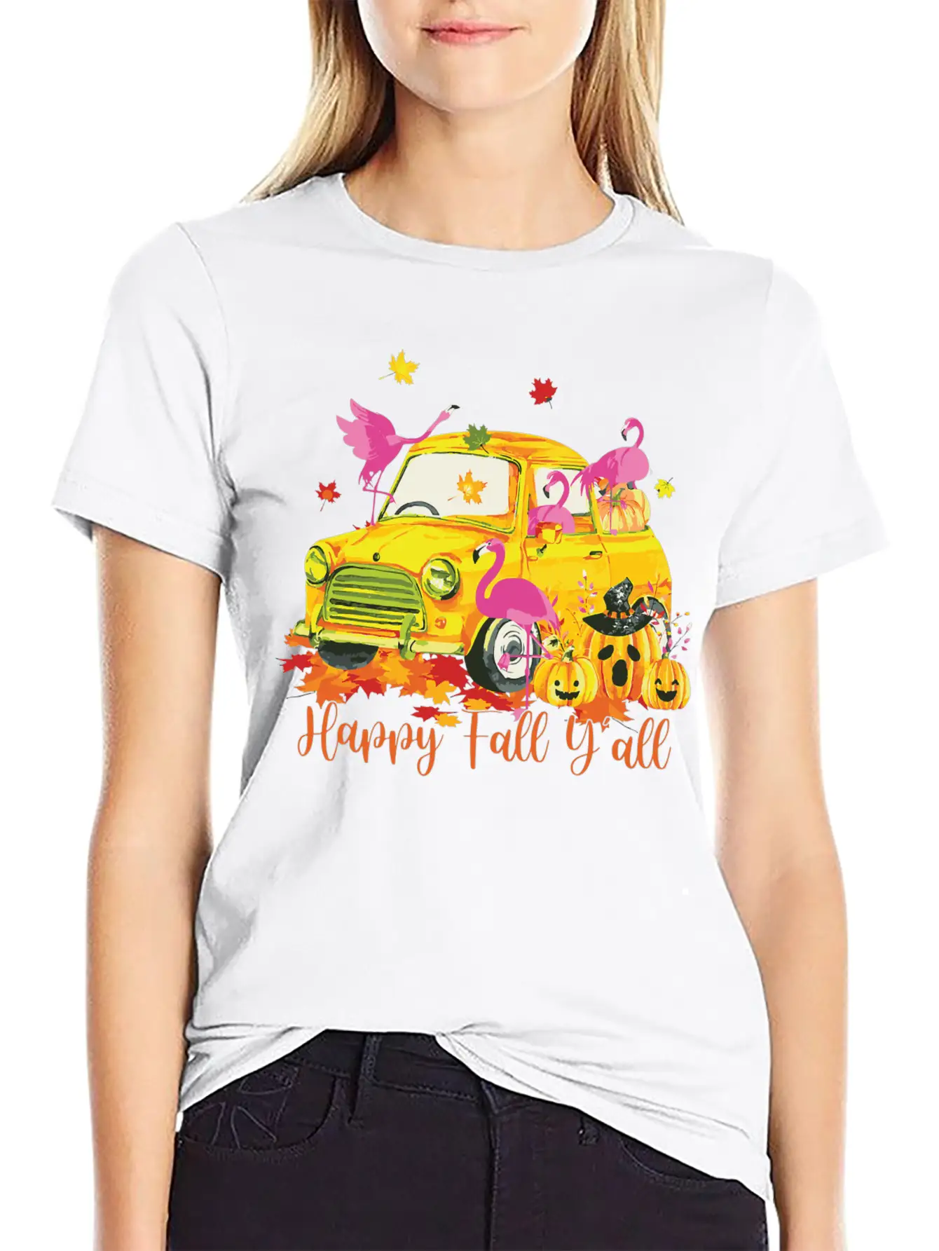 Happy Fall Yall Flamingo Truck Pumpkin Autumn Essential Cotton Tee For Daily Outfits – Unisex Style