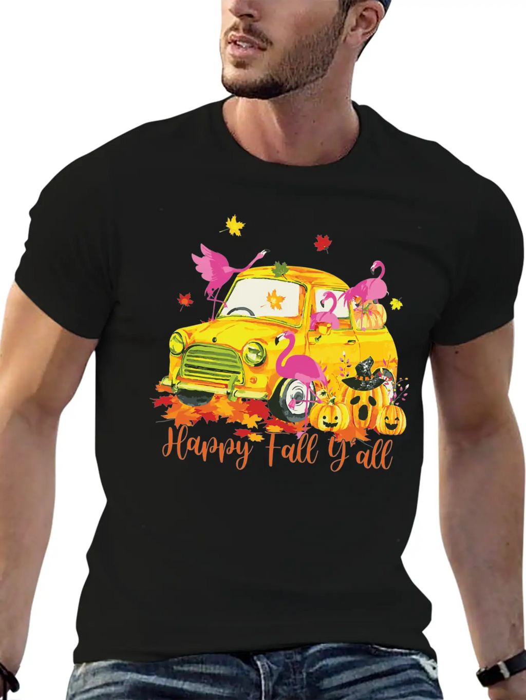 Happy Fall Yall Flamingo Truck Pumpkin Autumn Essential Cotton Tee For Daily Outfits – Unisex Style