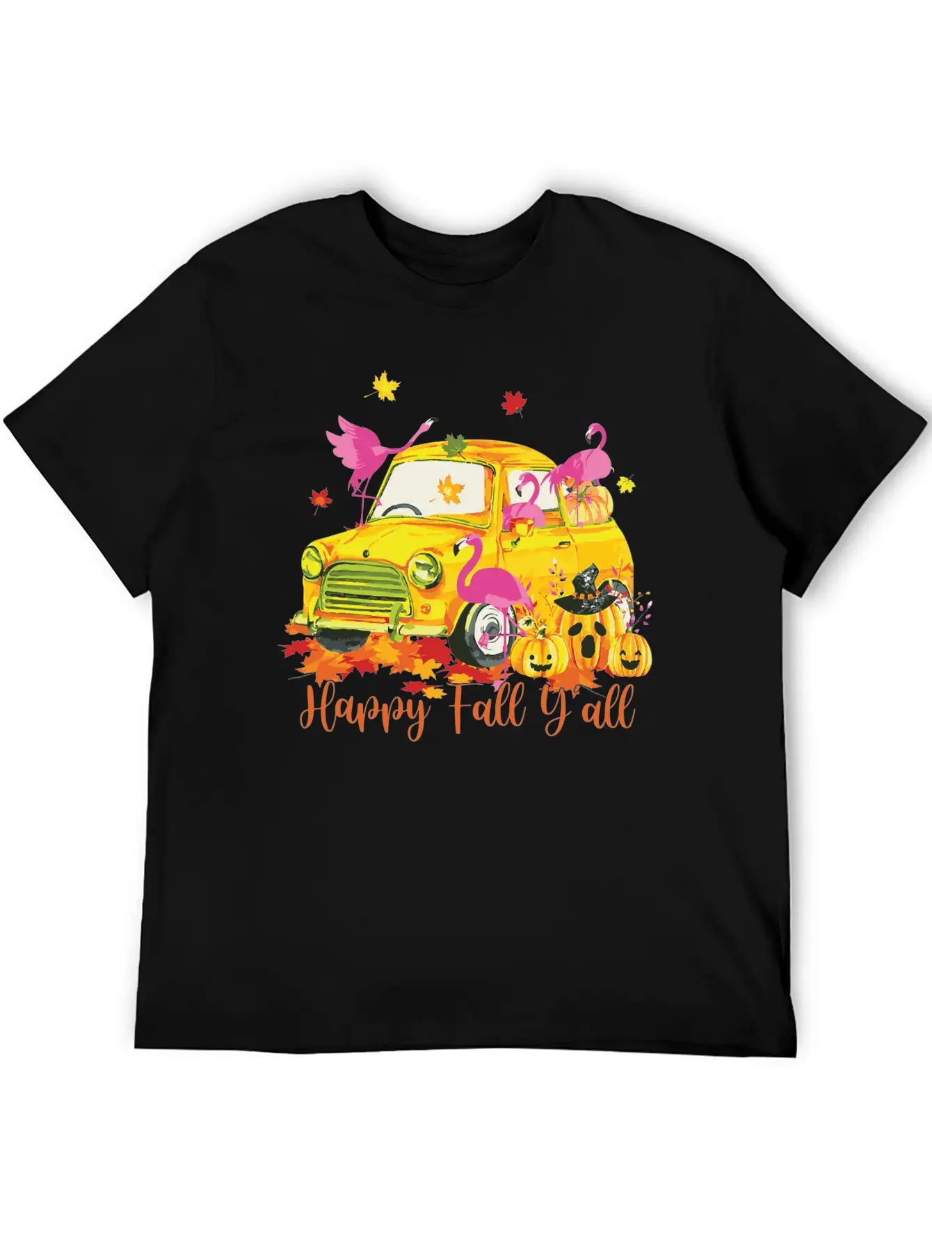 Happy Fall Yall Flamingo Truck Pumpkin Autumn Essential Cotton Tee For Daily Outfits – Unisex Style