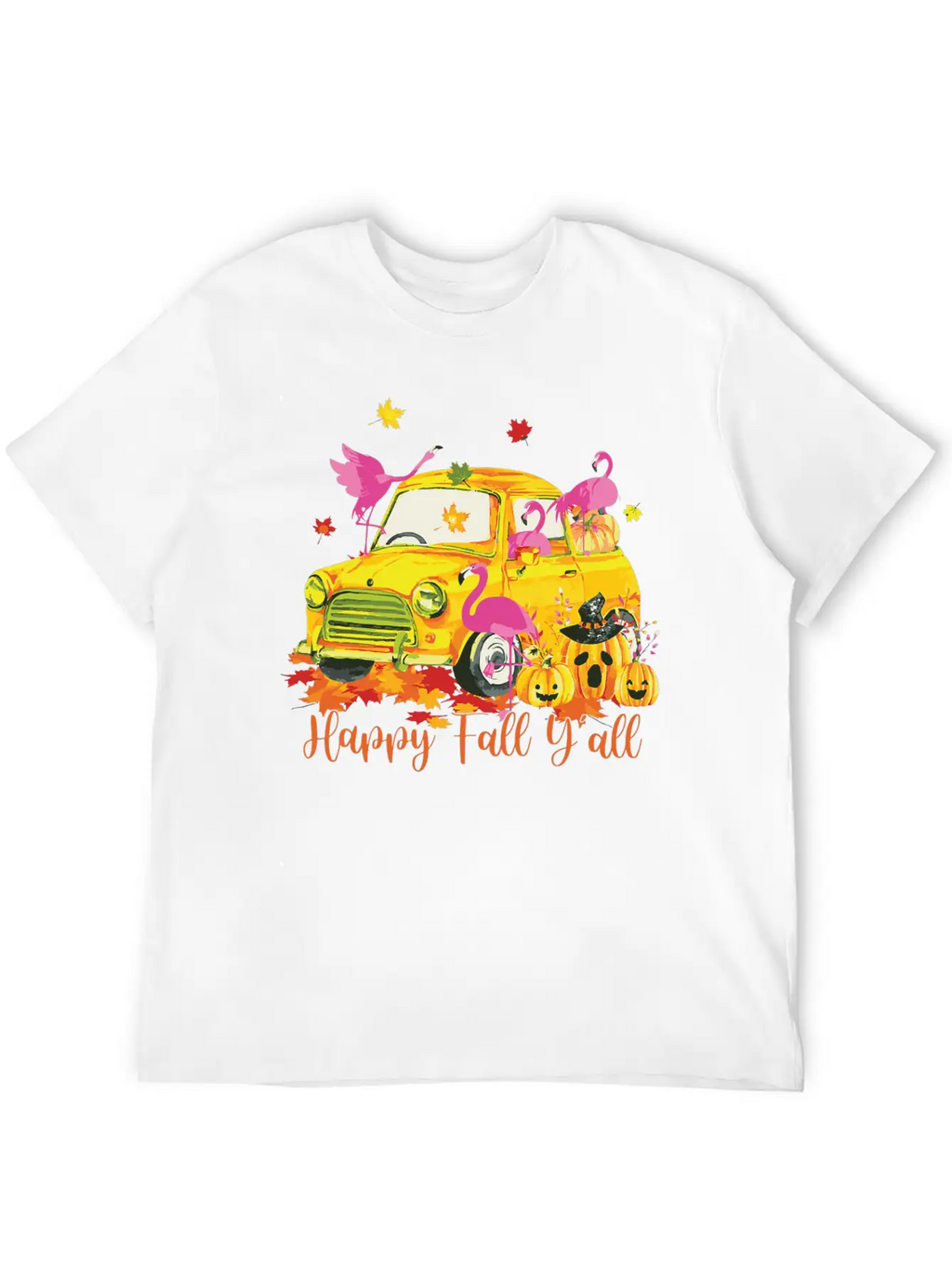 Happy Fall Yall Flamingo Truck Pumpkin Autumn Essential Cotton Tee For Daily Outfits – Unisex Style