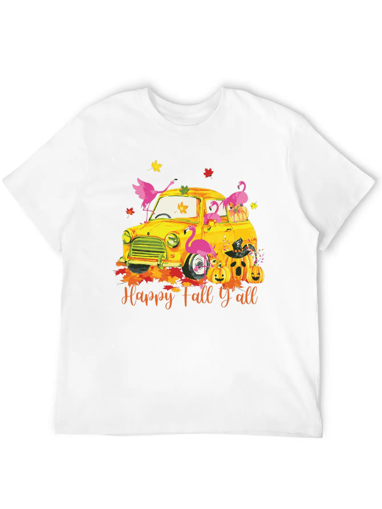 Happy Fall Yall Flamingo Truck Pumpkin Autumn Essential Cotton Tee For Daily Outfits – Unisex Style