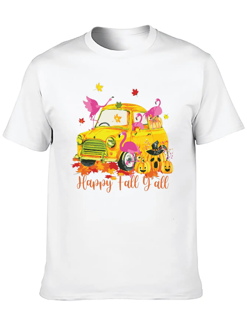 Happy Fall Yall Flamingo Truck Pumpkin Autumn Essential Cotton Tee For Daily Outfits – Unisex Style