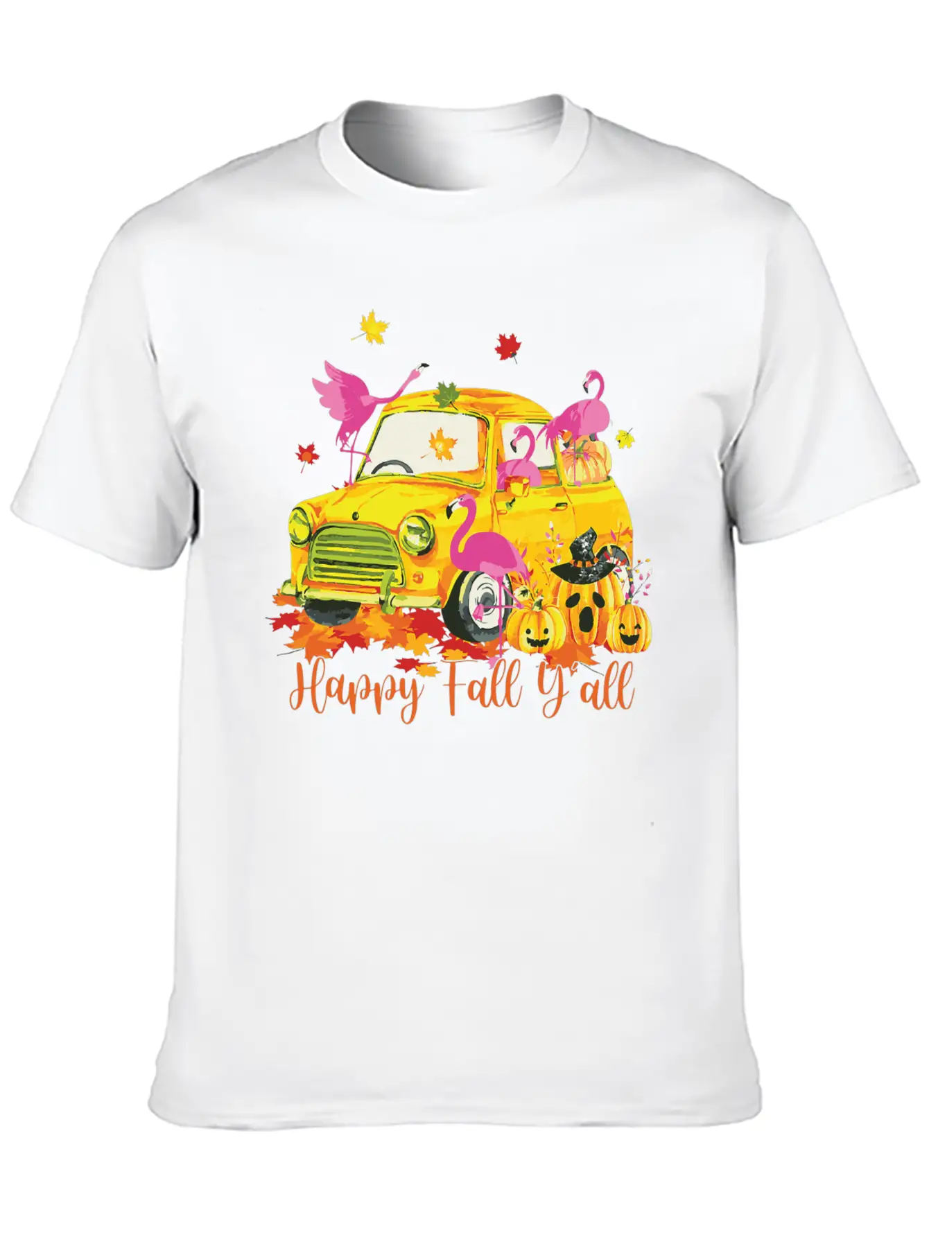 Happy Fall Yall Flamingo Truck Pumpkin Autumn Essential Cotton Tee For Daily Outfits – Unisex Style