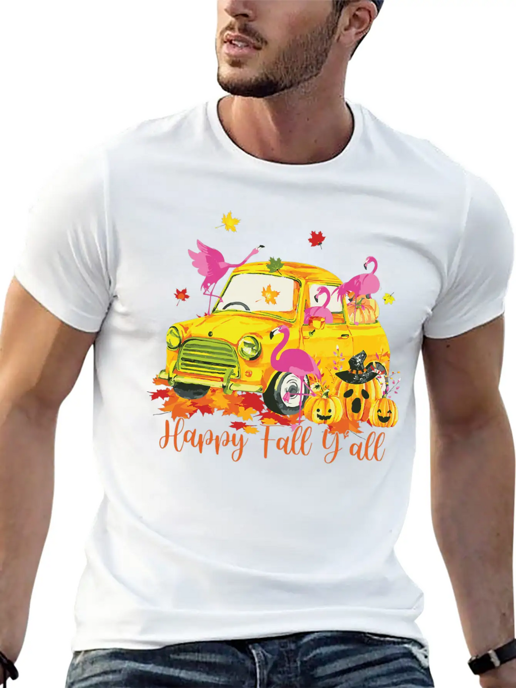 Happy Fall Yall Flamingo Truck Pumpkin Autumn Essential Cotton Tee For Daily Outfits – Unisex Style