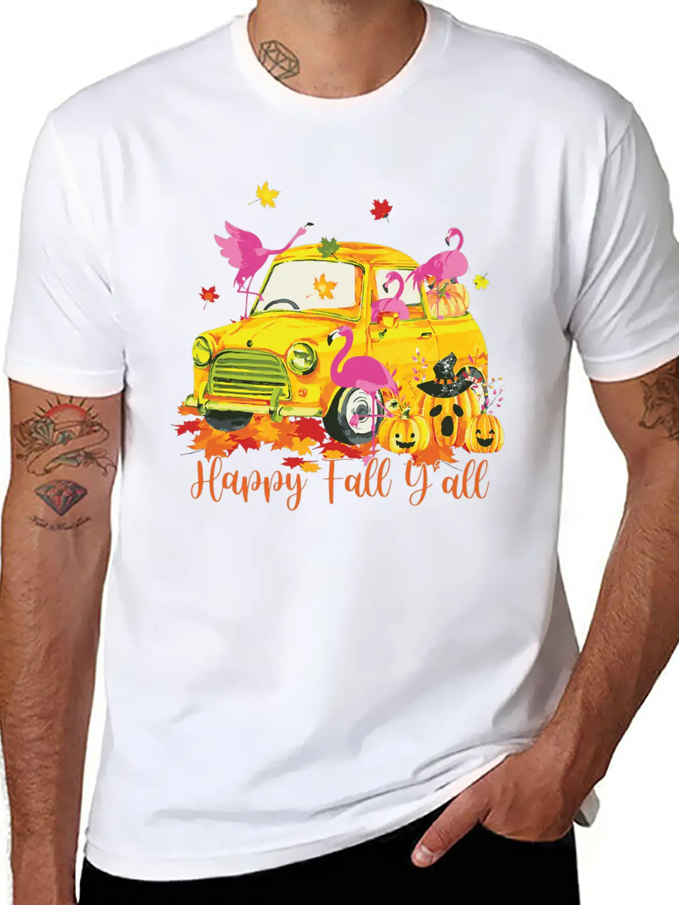 Happy Fall Yall Flamingo Truck Pumpkin Autumn Essential Cotton Tee For Daily Outfits – Unisex Style