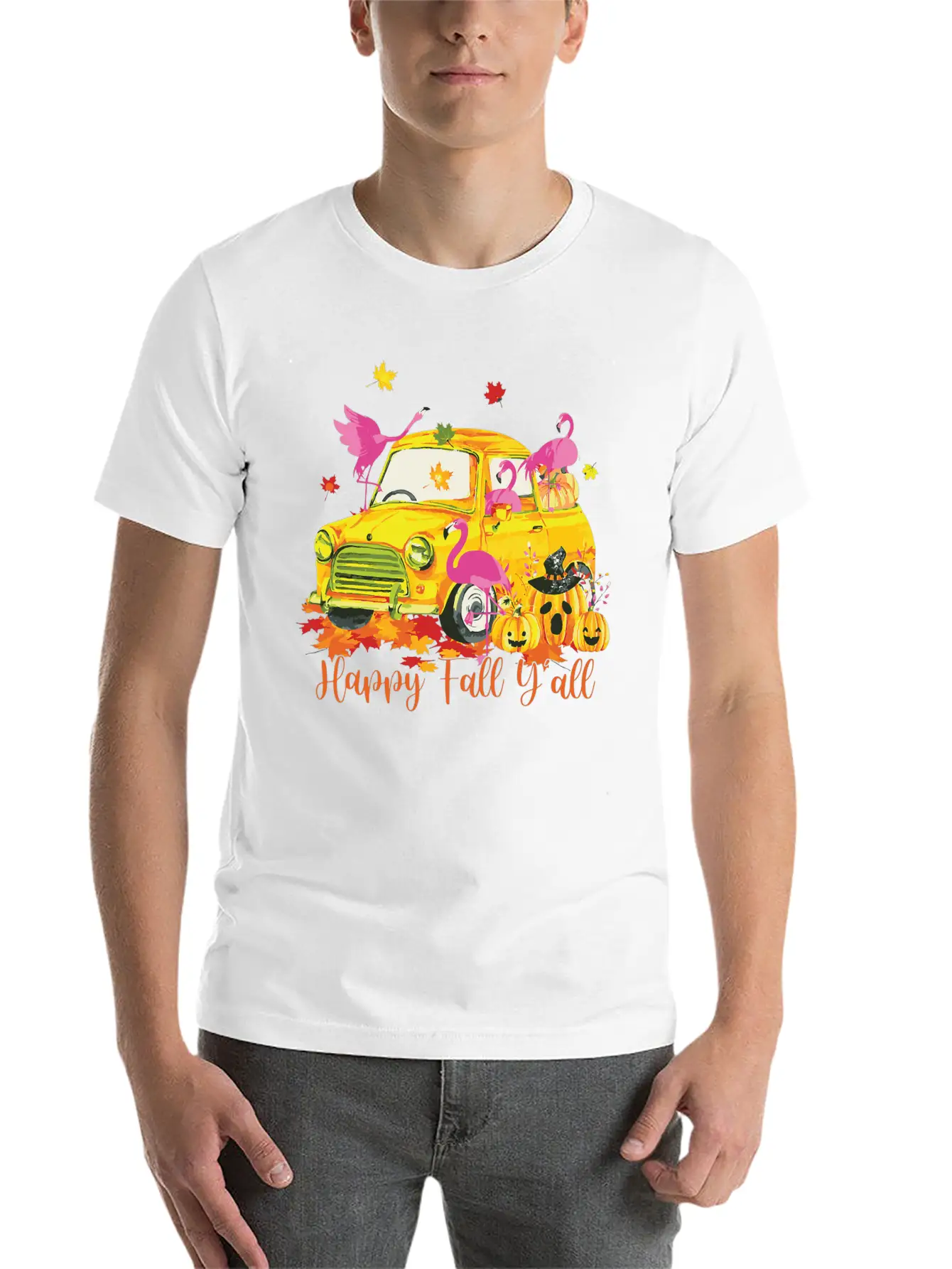 Happy Fall Yall Flamingo Truck Pumpkin Autumn Essential Cotton Tee For Daily Outfits – Unisex Style