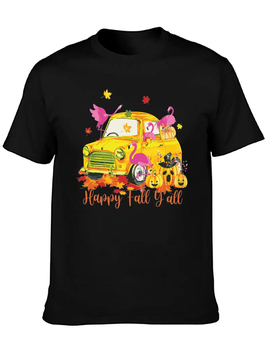 Happy Fall Yall Flamingo Truck Pumpkin Autumn Essential Cotton Tee For Daily Outfits – Unisex Style