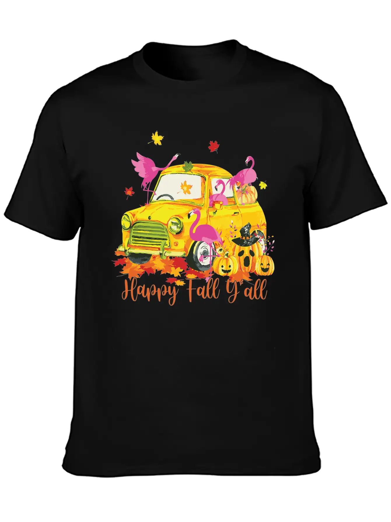 Happy Fall Yall Flamingo Truck Pumpkin Autumn Essential Cotton Tee For Daily Outfits – Unisex Style