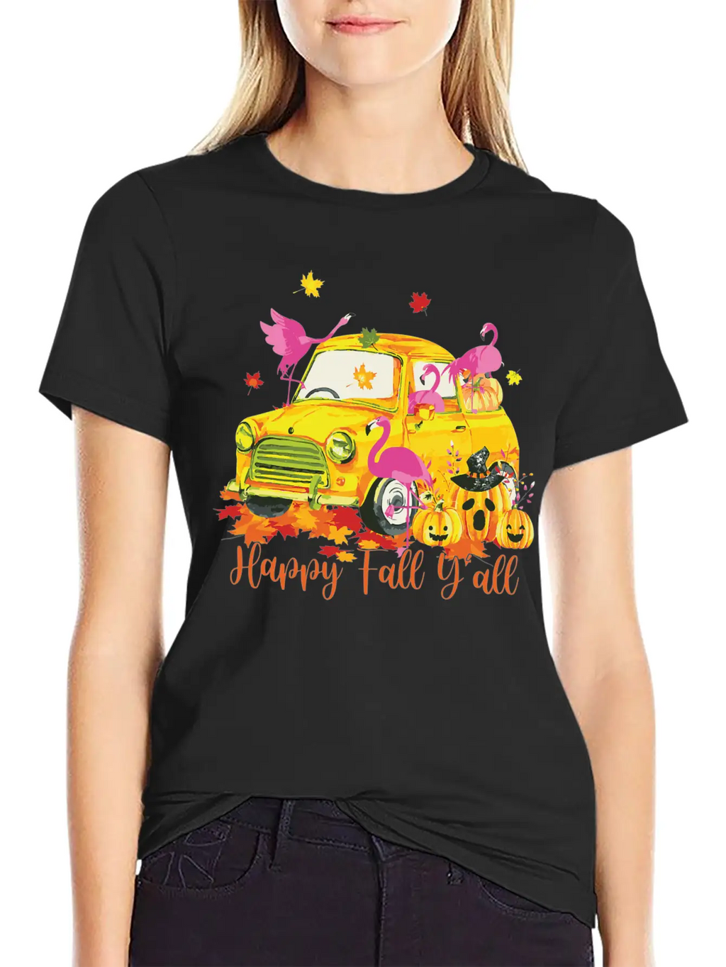 Happy Fall Yall Flamingo Truck Pumpkin Autumn Essential Cotton Tee For Daily Outfits – Unisex Style
