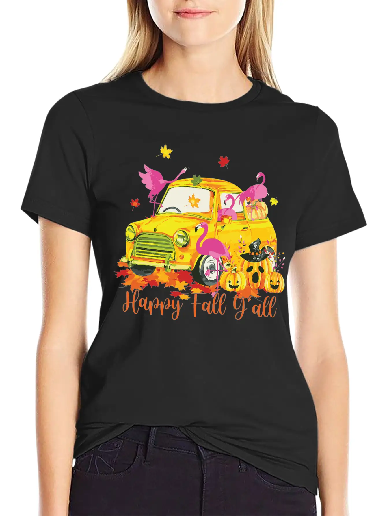Happy Fall Yall Flamingo Truck Pumpkin Autumn Essential Cotton Tee For Daily Outfits – Unisex Style