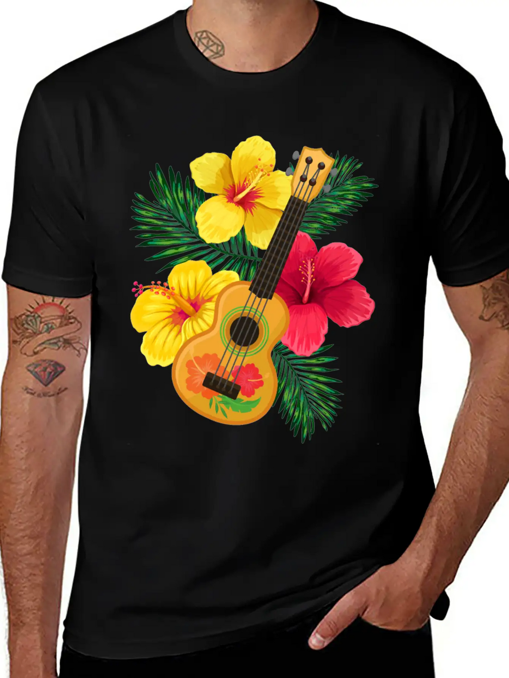 Hawaii Ukulele And Hibiscus Flowers Summer Classic Cotton Tee – Unisex Comfort For Any Season