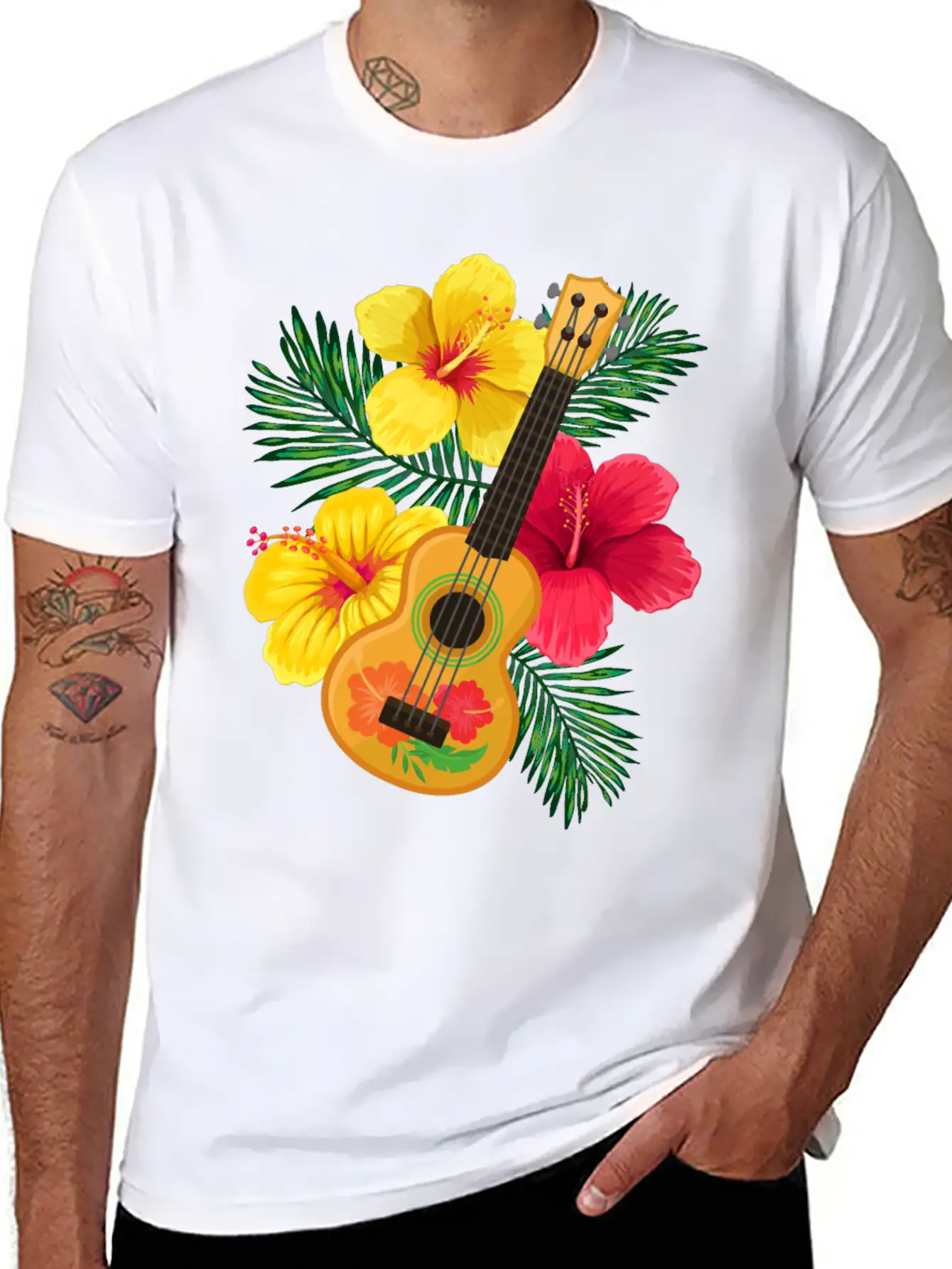 Hawaii Ukulele And Hibiscus Flowers Summer Classic Cotton Tee – Unisex Comfort For Any Season