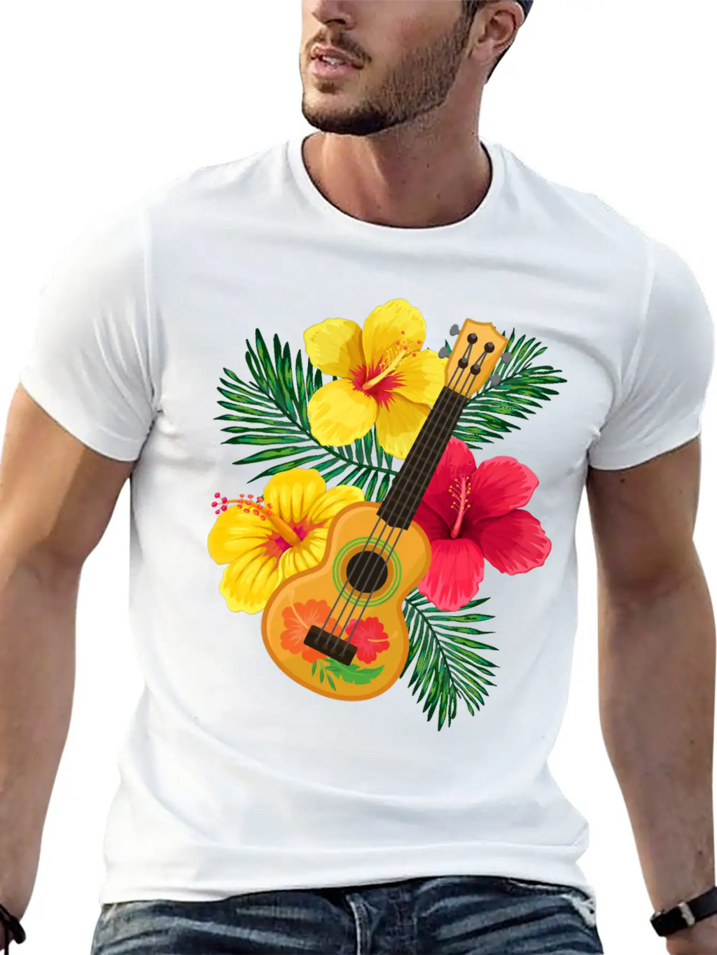Hawaii Ukulele And Hibiscus Flowers Summer Classic Cotton Tee – Unisex Comfort For Any Season