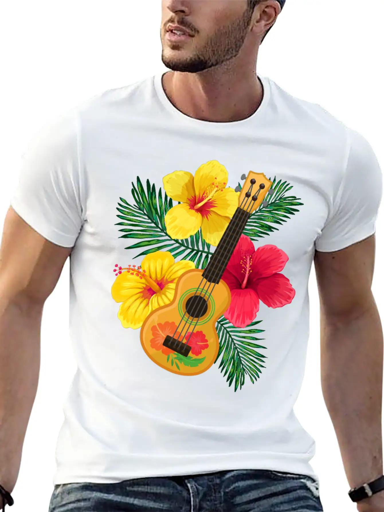 Hawaii Ukulele And Hibiscus Flowers Summer Classic Cotton Tee – Unisex Comfort For Any Season