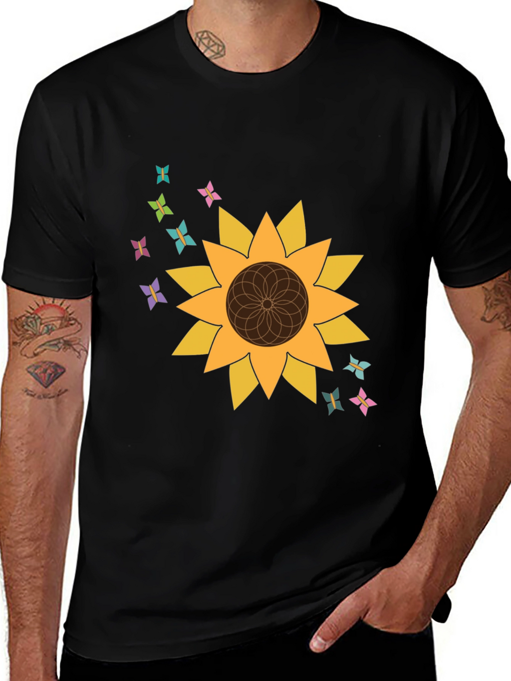 Sunflower Butterfly Graphic Tee - Stylish Black T-Shirt