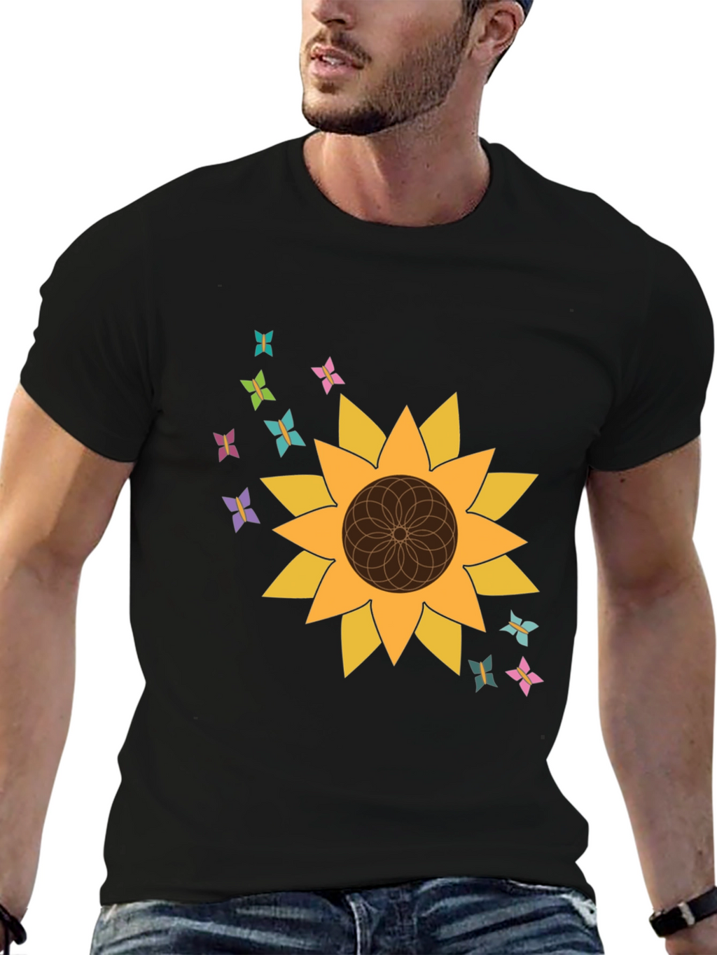 Sunflower Butterfly Graphic Tee - Stylish Black T-Shirt