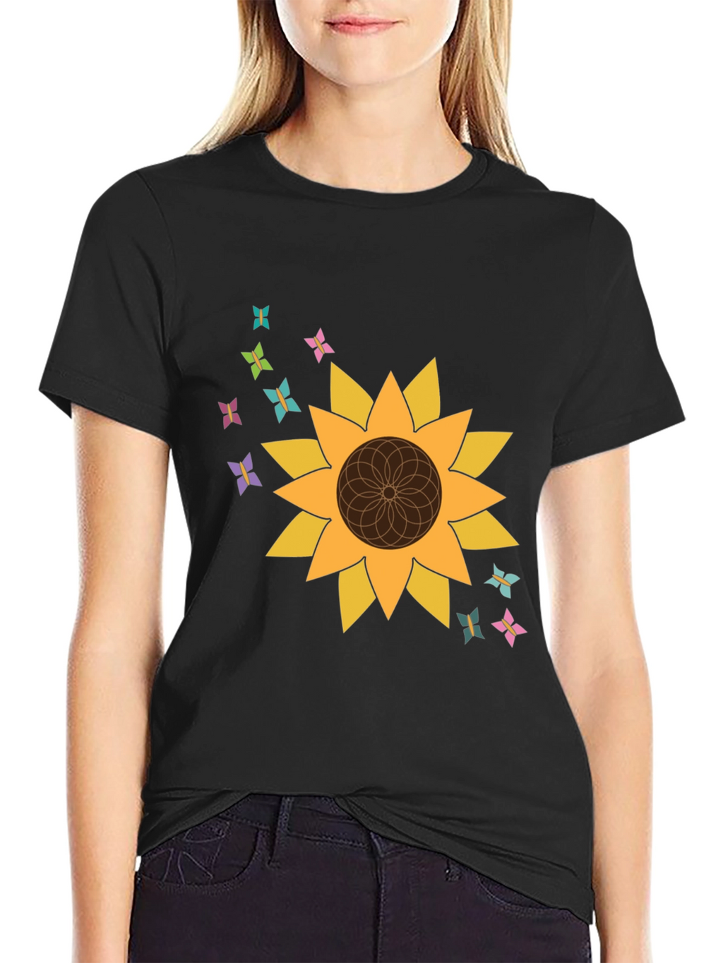 Sunflower Butterfly Graphic Tee - Stylish Black T-Shirt