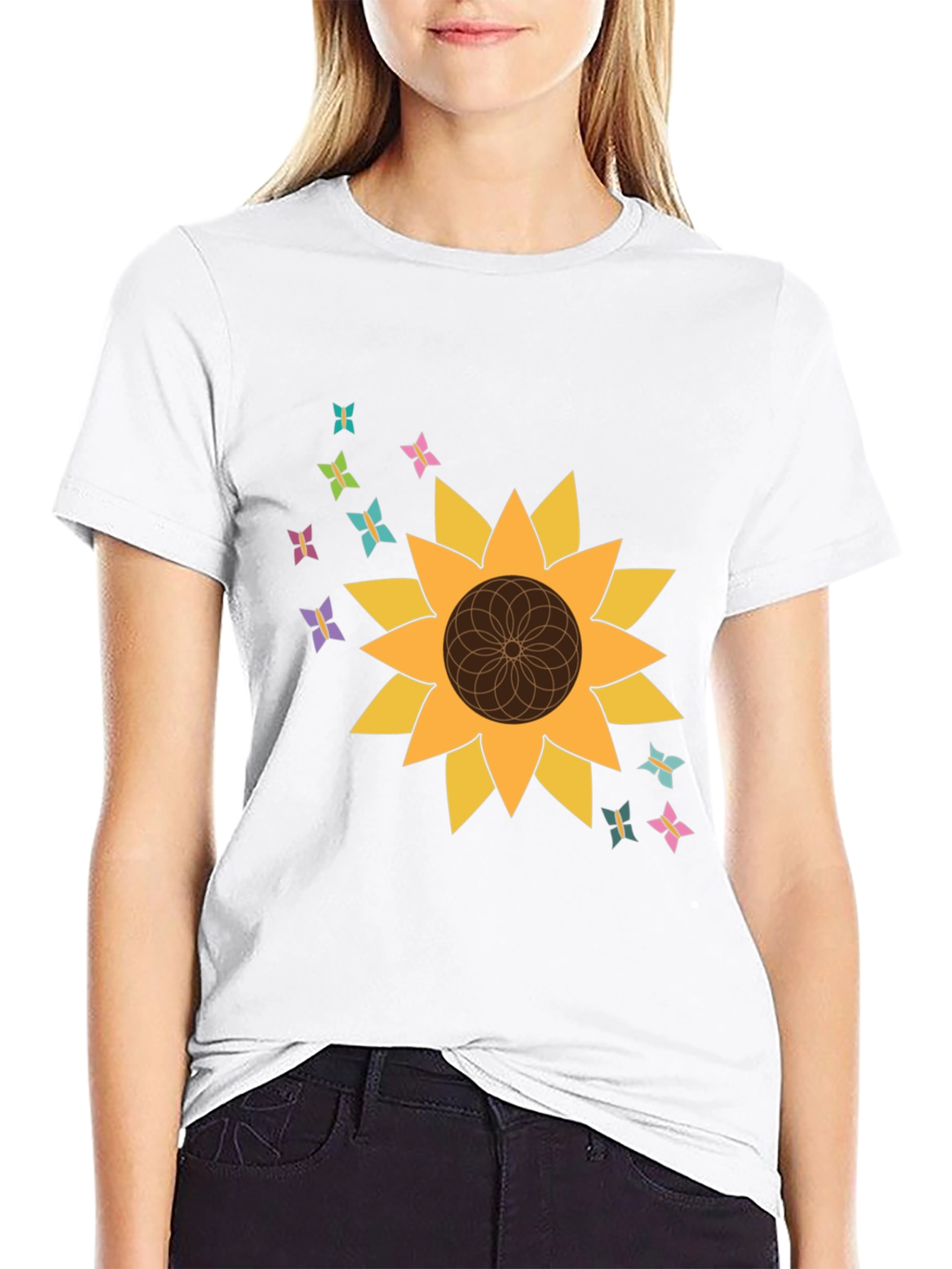 Sunflower Butterfly Graphic Tee - Stylish Black T-Shirt