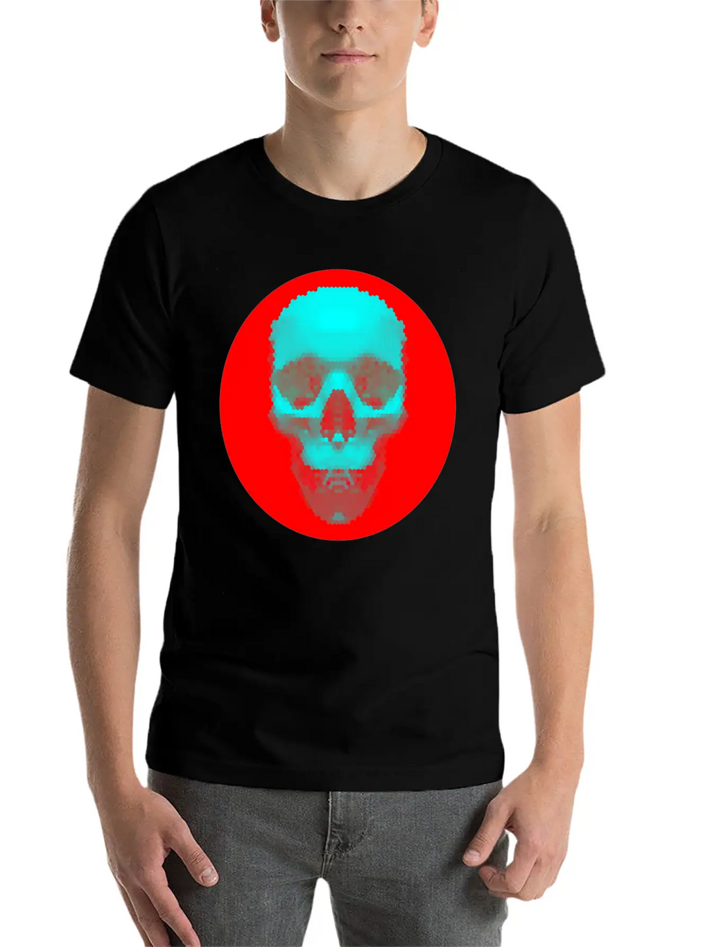 Hexagon Pattern Skull - Blue On Red Timeless Short Sleeve Tee – Comfy And Minimalist Design