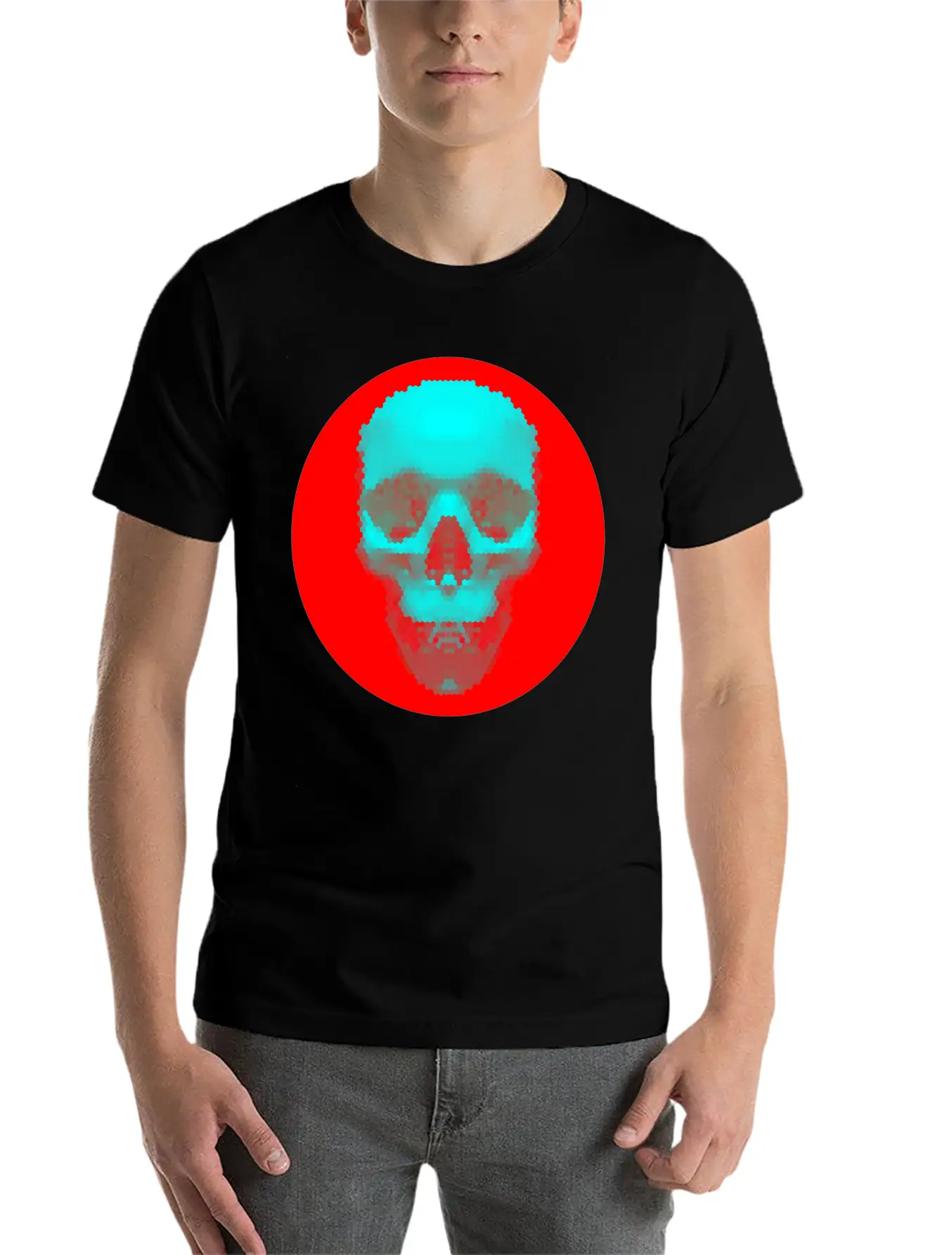 Hexagon Pattern Skull - Blue On Red Timeless Short Sleeve Tee – Comfy And Minimalist Design