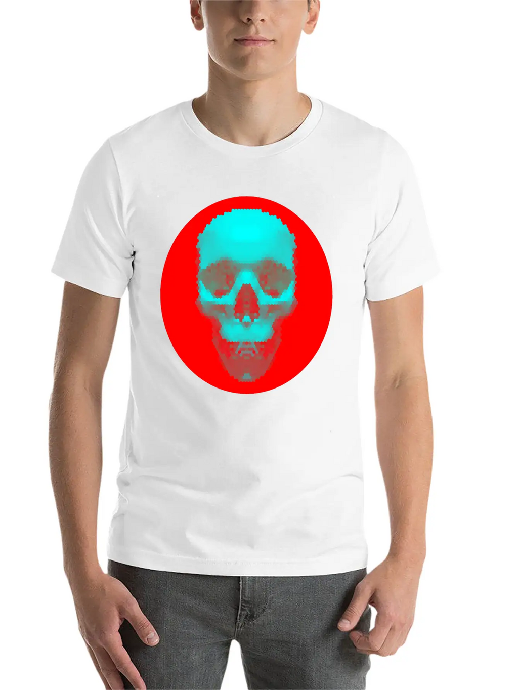 Hexagon Pattern Skull - Blue On Red Timeless Short Sleeve Tee – Comfy And Minimalist Design