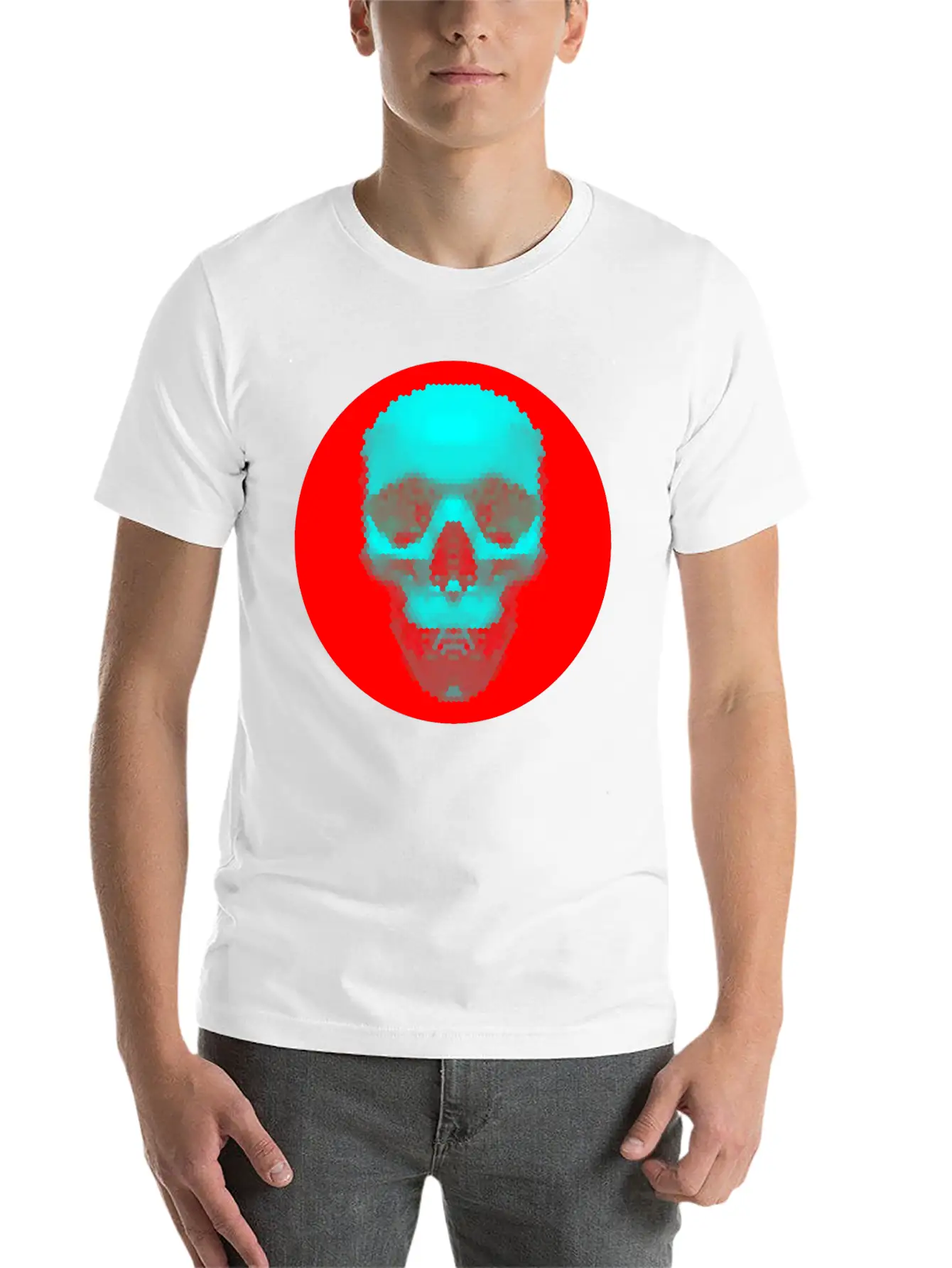 Hexagon Pattern Skull - Blue On Red Timeless Short Sleeve Tee – Comfy And Minimalist Design