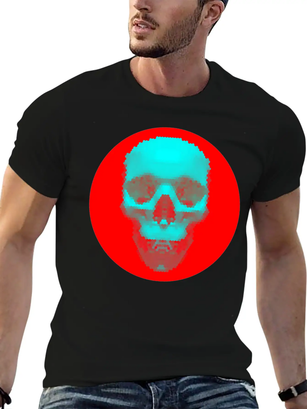 Hexagon Pattern Skull - Blue On Red Timeless Short Sleeve Tee – Comfy And Minimalist Design
