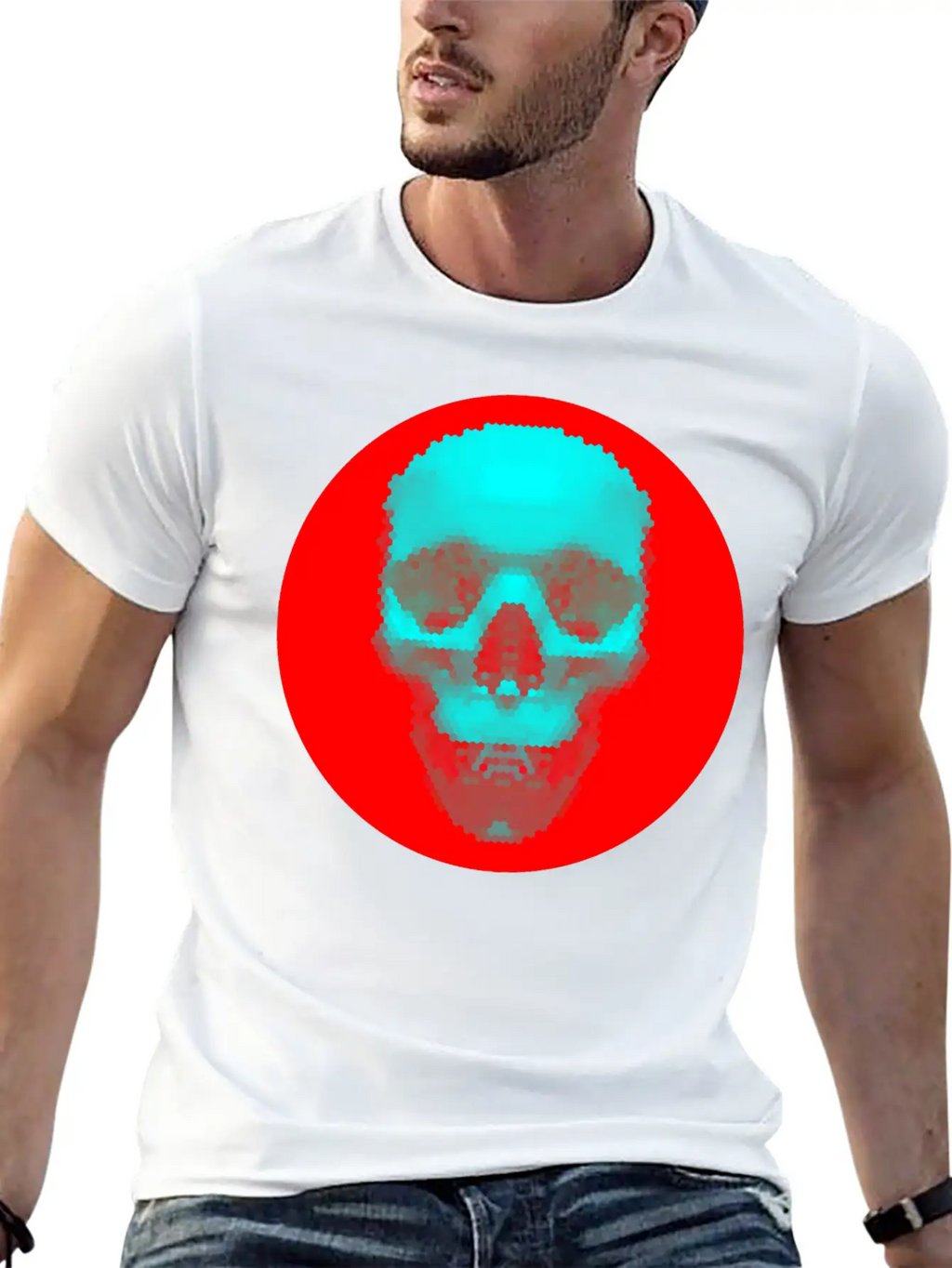 Hexagon Pattern Skull - Blue On Red Timeless Short Sleeve Tee – Comfy And Minimalist Design