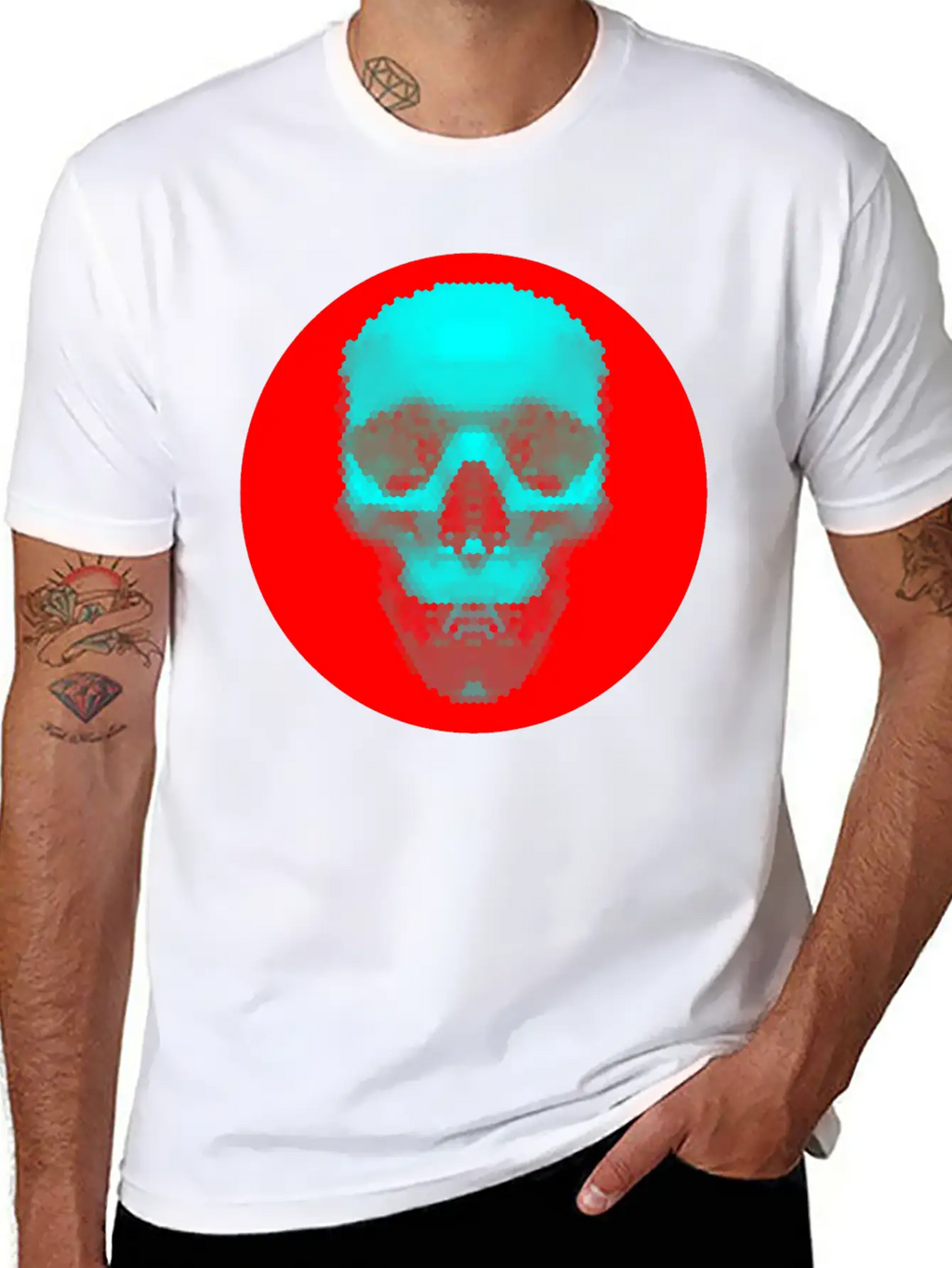 Hexagon Pattern Skull - Blue On Red Timeless Short Sleeve Tee – Comfy And Minimalist Design