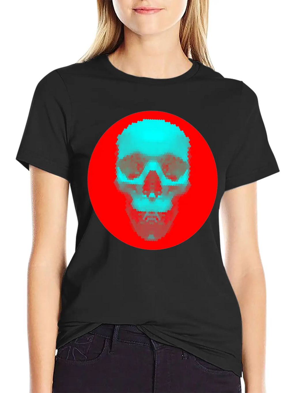 Hexagon Pattern Skull - Blue On Red Timeless Short Sleeve Tee – Comfy And Minimalist Design